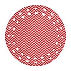 Red And White Chevron Wavy ZigZag Stripes Round Filigree Ornament (2Side)