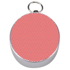 Red And White Chevron Wavy ZigZag Stripes Silver Compasses