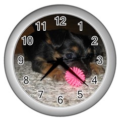 PUPPY WITH A CHEW TOY Wall Clocks (Silver) 