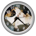 CALICO CAT AND WHITE KITTY Wall Clocks (Silver) 