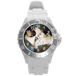 CALICO CAT AND WHITE KITTY Round Plastic Sport Watch (L)