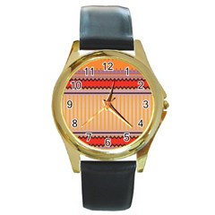 Stripes And Chevrons			round Gold Metal Watch by LalyLauraFLM