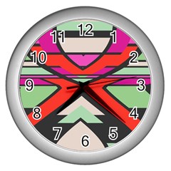 Shapes In Retro Colors			wall Clock (silver) by LalyLauraFLM