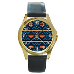 Rhombus  Circles And Waves Pattern			round Gold Metal Watch by LalyLauraFLM