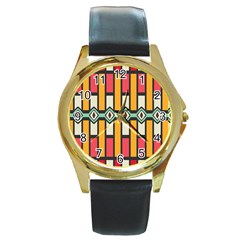 Rhombus And Stripes Pattern 			round Gold Metal Watch