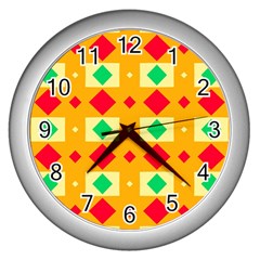 Green Red Yellow Rhombus Pattern 			wall Clock (silver) by LalyLauraFLM