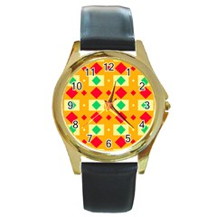 Green Red Yellow Rhombus Pattern 			round Gold Metal Watch by LalyLauraFLM