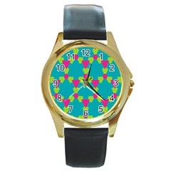 Triangles Honeycombs And Other Shapes Pattern 			round Gold Metal Watch by LalyLauraFLM