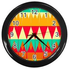 Triangles And Other Retro Colors Shapes 			wall Clock (black) by LalyLauraFLM