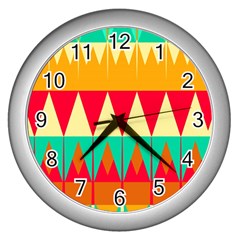 Triangles And Other Retro Colors Shapes 			wall Clock (silver) by LalyLauraFLM