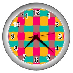 Distorted Shapes In Retro Colors Pattern 			wall Clock (silver) by LalyLauraFLM