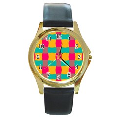 Distorted Shapes In Retro Colors Pattern 			round Gold Metal Watch by LalyLauraFLM