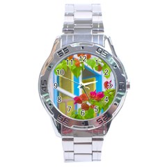 Colored Flowers In Front Ot Windows House Print Stainless Steel Men s Watch by dflcprints