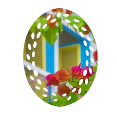 Colored Flowers In Front Ot Windows House Print Oval Filigree Ornament (2-side) 