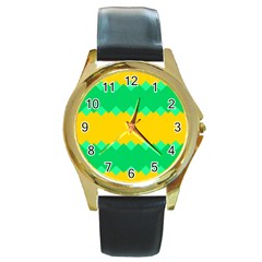 Green Rhombus Chains 			round Gold Metal Watch by LalyLauraFLM