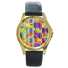 Vertical And Horizontal Stripes 			round Gold Metal Watch by LalyLauraFLM