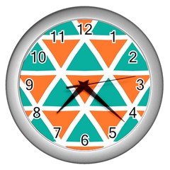 Orange Green Triangles Pattern 			wall Clock (silver) by LalyLauraFLM