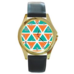 Orange Green Triangles Pattern 			round Gold Metal Watch by LalyLauraFLM