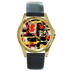 Distorted Shapes In Retro Colors 			round Gold Metal Watch by LalyLauraFLM