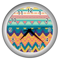 Pastel Tribal Design 			wall Clock (silver) by LalyLauraFLM