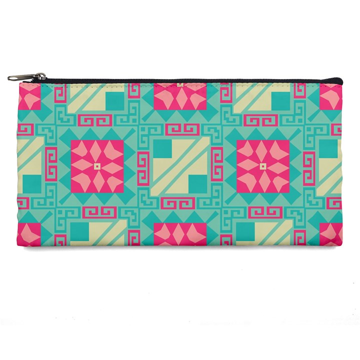 Pink flowers in squares pattern 	Pencil Case