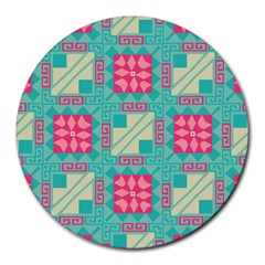 Pink Flowers In Squares Pattern 			round Mousepad by LalyLauraFLM