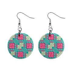 Pink Flowers In Squares Pattern 			1  Button Earrings by LalyLauraFLM