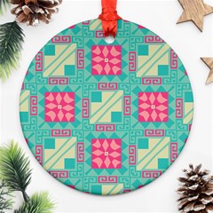 Pink Flowers In Squares Pattern 			ornament (round) by LalyLauraFLM