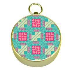 Pink Flowers In Squares Pattern 			gold Compass by LalyLauraFLM