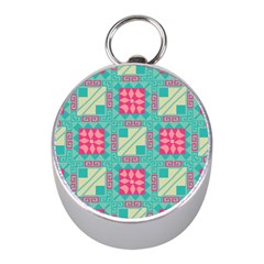 Pink Flowers In Squares Pattern 			silver Compass (mini) by LalyLauraFLM