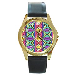 Connected Shapes In Retro Colors  			round Gold Metal Watch by LalyLauraFLM