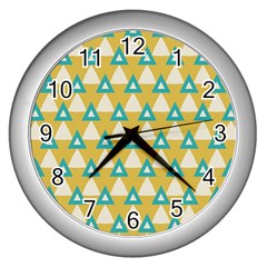 White Blue Triangles Pattern 			wall Clock (silver)