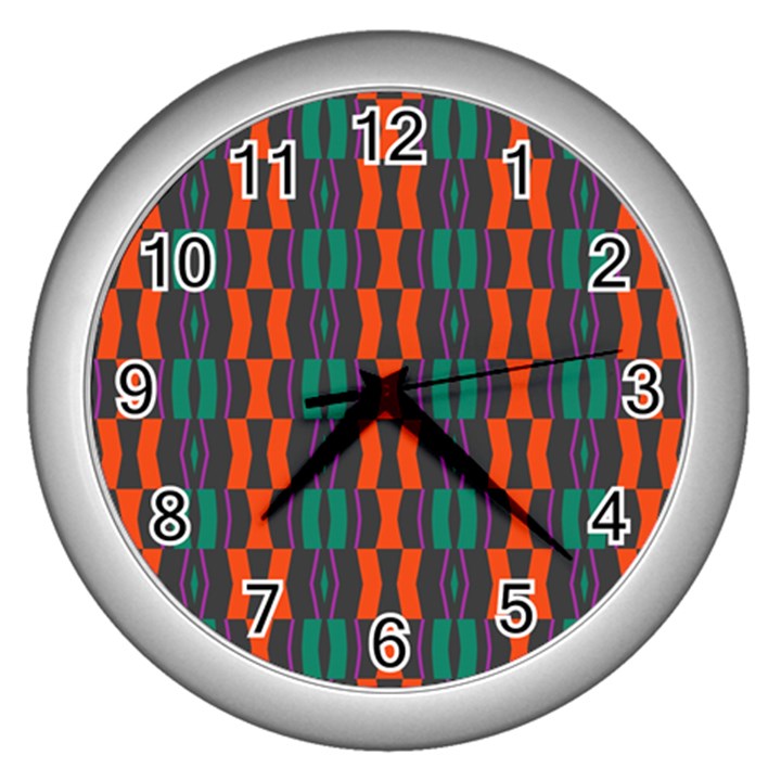 Green orange shapes pattern 			Wall Clock (Silver)