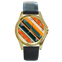 Diagonal Stripes In Retro Colors 			round Gold Metal Watch by LalyLauraFLM