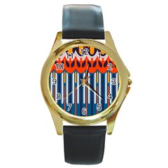 Textured Shapes In Retro Colors    			round Gold Metal Watch by LalyLauraFLM