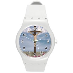 Jesus On The Cross Illustration Round Plastic Sport Watch (m) by dflcprints