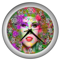 Flowers In Your Hair Wall Clocks (silver)  by icarusismartdesigns