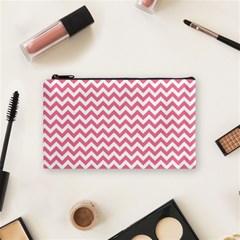 Pink And White Zigzag Cosmetic Bag (small)  by Zandiepants