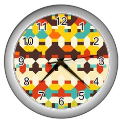 Shapes In Retro Colors 			wall Clock (silver) by LalyLauraFLM