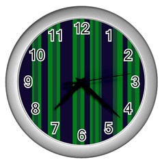 Dark Blue Green Striped Pattern Wall Clocks (silver)  by BrightVibesDesign