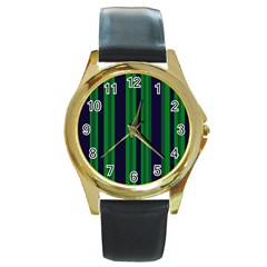 Dark Blue Green Striped Pattern Round Gold Metal Watch by BrightVibesDesign