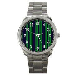 Dark Blue Green Striped Pattern Sport Metal Watch by BrightVibesDesign