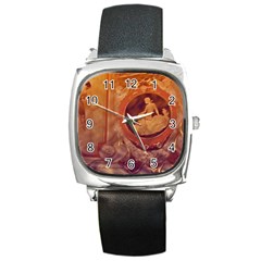 Vintage Ladies Artwork Orange Square Metal Watch by BrightVibesDesign