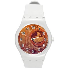 Vintage Ladies Artwork Orange Round Plastic Sport Watch (m) by BrightVibesDesign