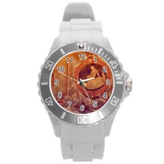 Vintage Ladies Artwork Orange Round Plastic Sport Watch (l) by BrightVibesDesign