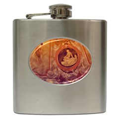 Vintage Ladies Artwork Orange Hip Flask (6 Oz) by BrightVibesDesign