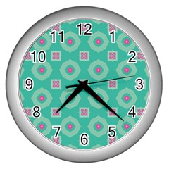 Pink Flowers And Other Shapes Pattern  			wall Clock (silver) by LalyLauraFLM