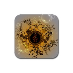 Decorative Clef On A Round Button With Flowers And Bubbles Rubber Coaster (square)  by FantasyWorld7