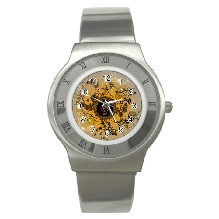 Decorative Clef On A Round Button With Flowers And Bubbles Stainless Steel Watch