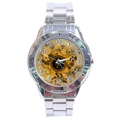 Decorative Clef On A Round Button With Flowers And Bubbles Stainless Steel Analogue Watch by FantasyWorld7